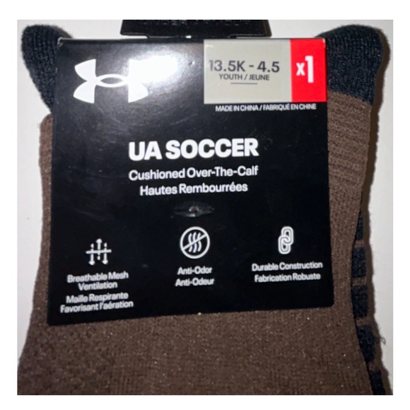 Under Armour UA OTC Soccer Socks 1 Pair Youth 13.5K-4.5 Brown w White Logo Kids - Picture 4 of 9